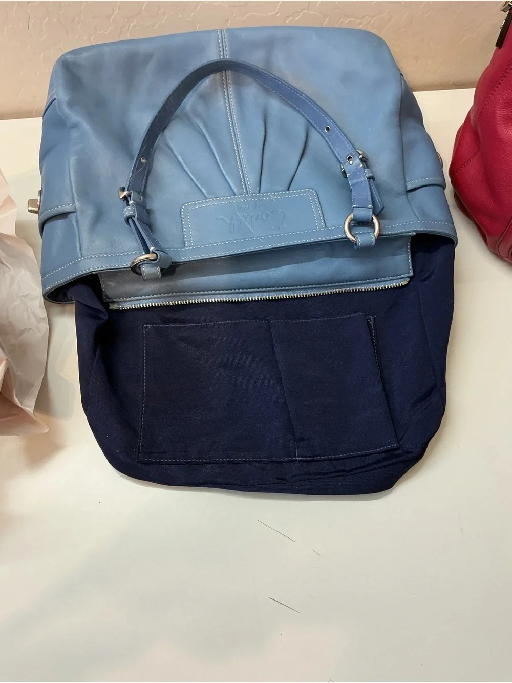Coach East West Pleated Gallery Tote F13759 Blue Leather Shoulder Bag Y2K